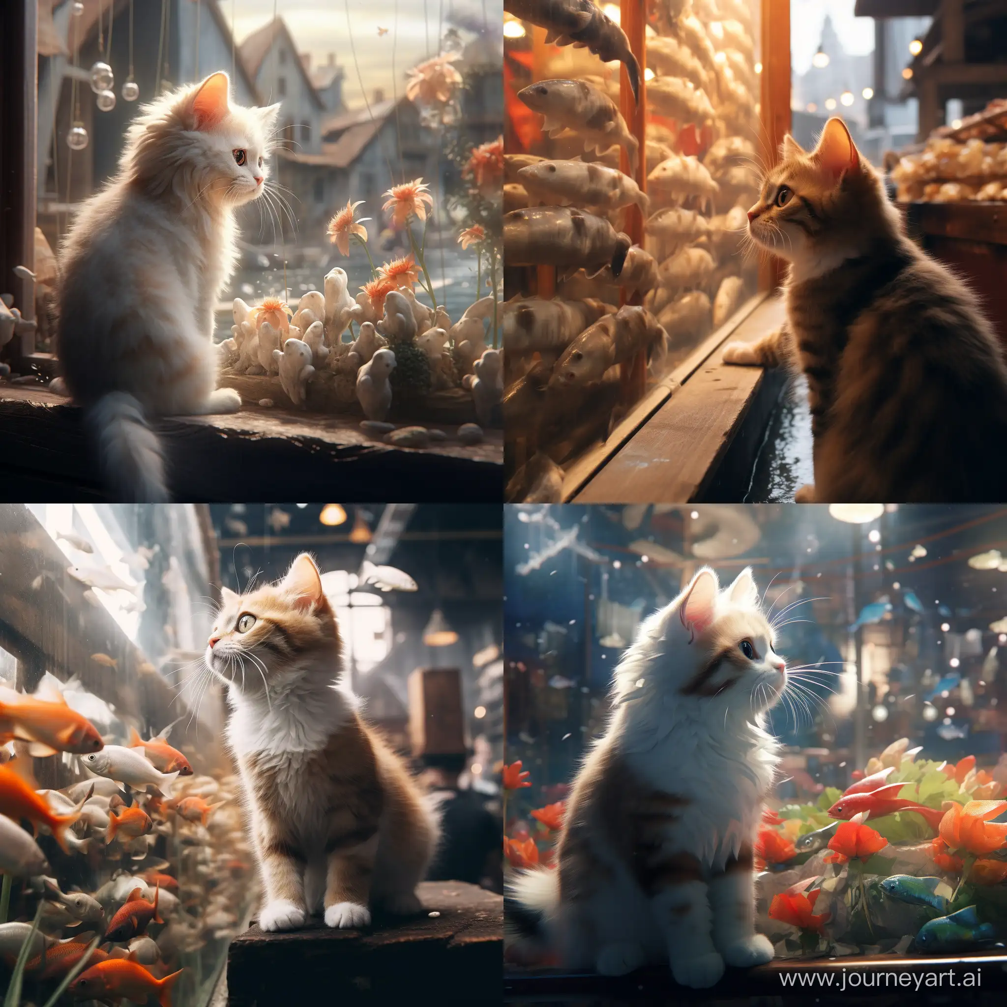 Kitten is looking on a fishes at the market 