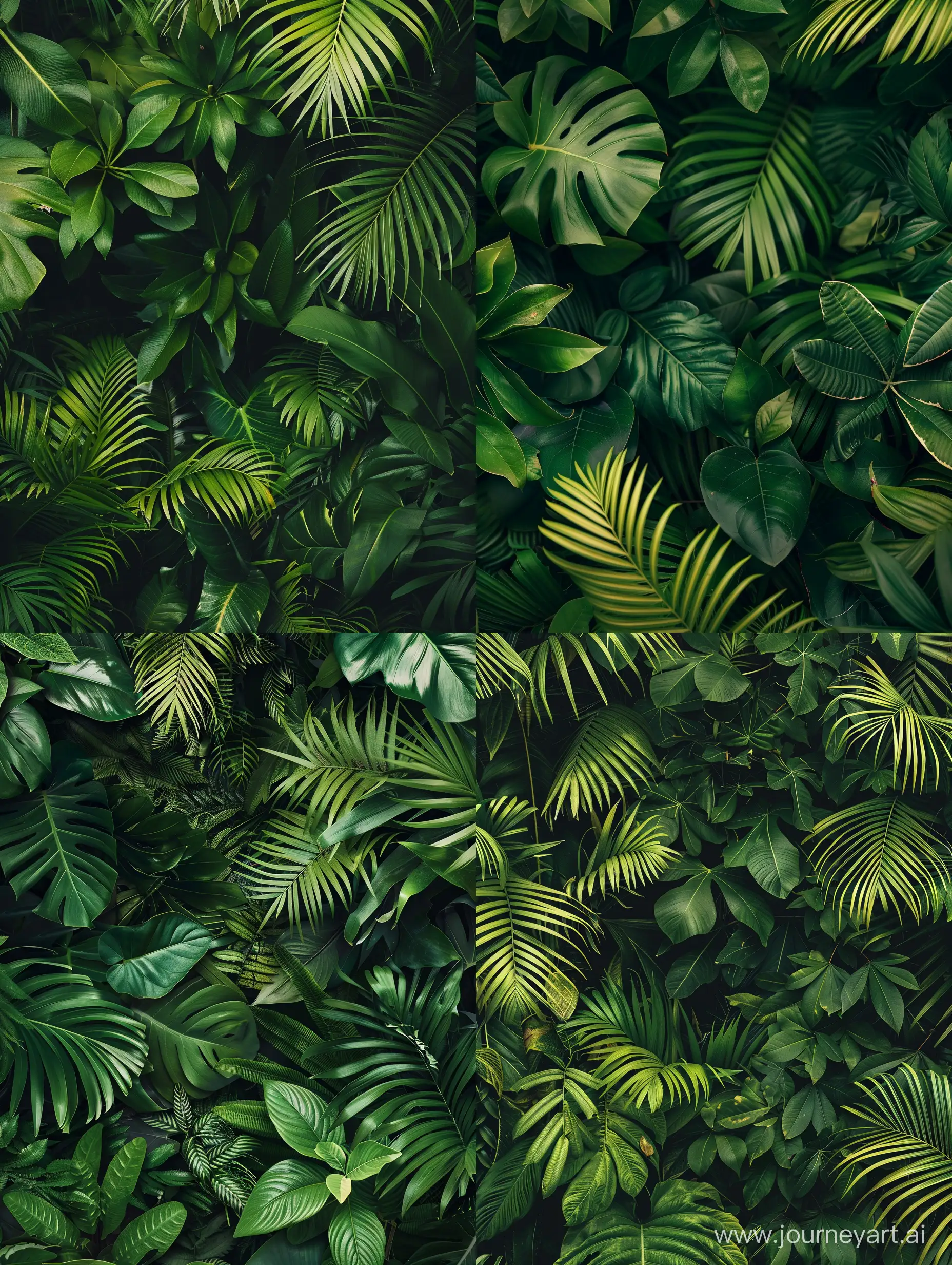 Haz una imagen para fondo de pantalla, que se vea como una fotografía donde sean puras hojas verdes de plantas o árboles de las que hay en selvas.

