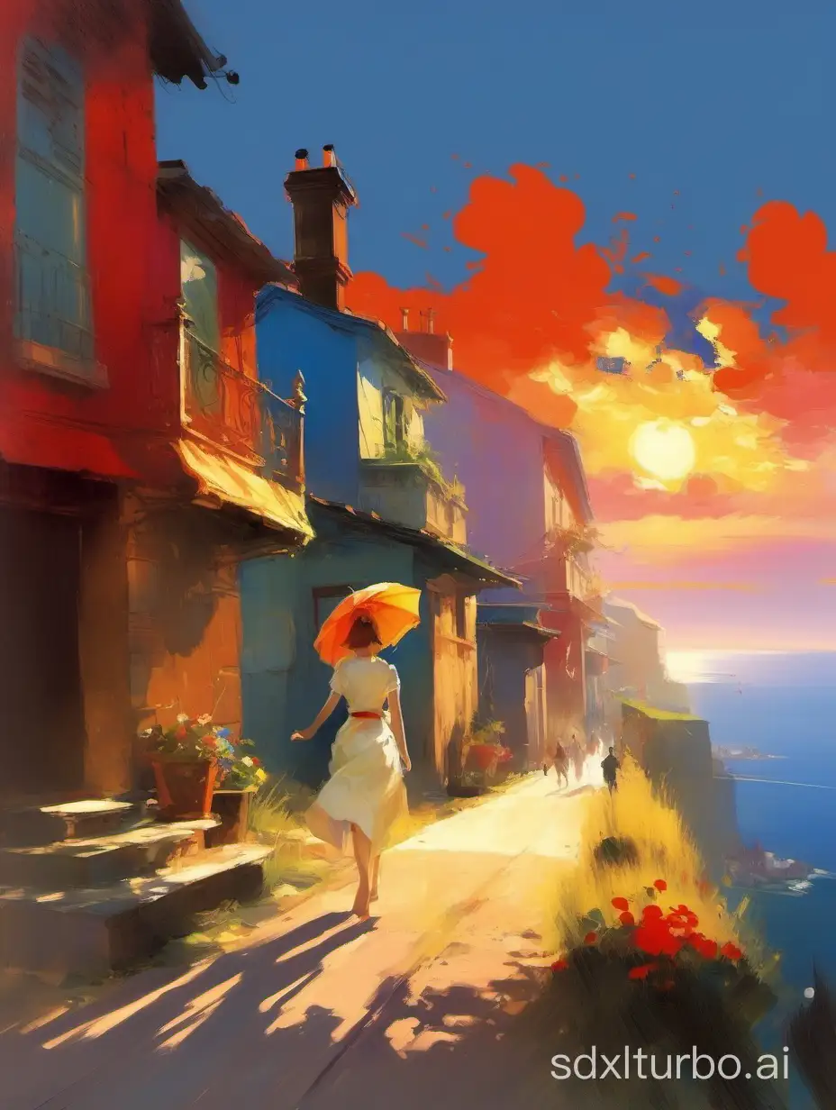 4k. Pino Daeni, konstantin Razumov dramatic oil painting , depicting colorful landscape, long road, houses to the right and amazing sunset with blue sky, blue, red, orange and white clouds trending on pixiv fanbox, palette knife and brush strokes, style of makoto shinkai jamie wyeth james gilleard edward hopper greg rutkowski studio ghibli genshin impact. Beautiful colorful oil painting.
