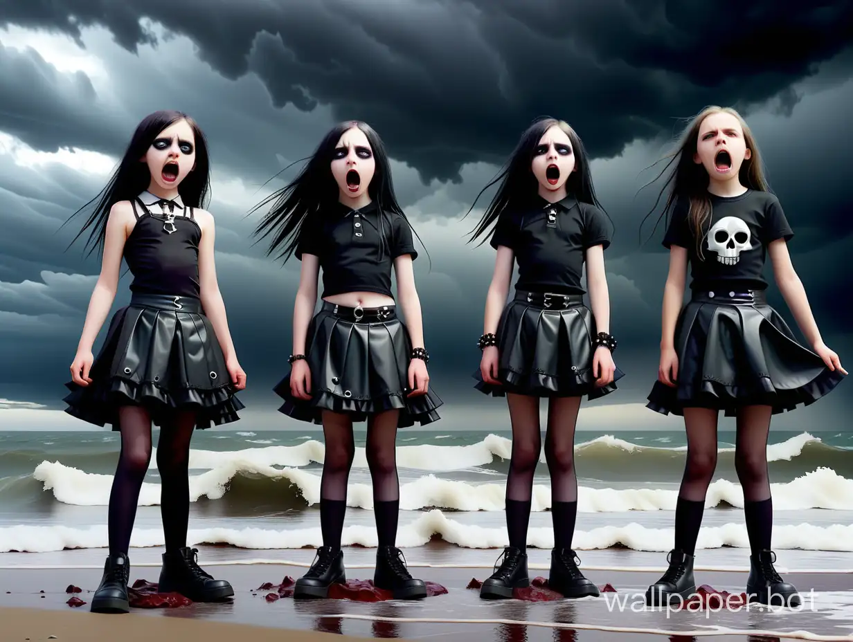 rock band of three 12-year-old goth girls in full height in micro skirts sing horribly beautiful song on the shore of the stormy sea under the stormy sky horror