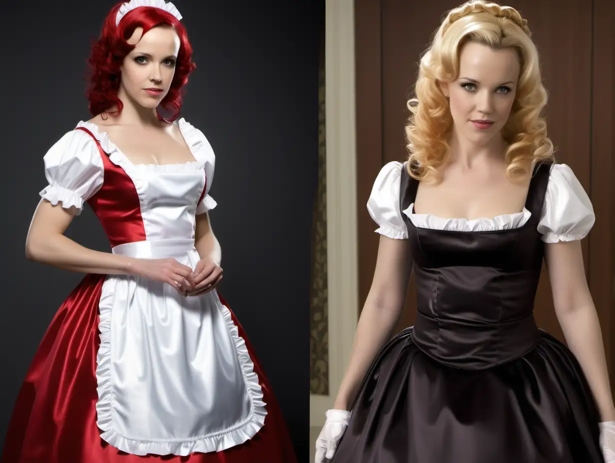 girls in long crystal satin retro maid ball gown costume and milf mothers long blonde and red hair,black hair  full size  rachel macadams