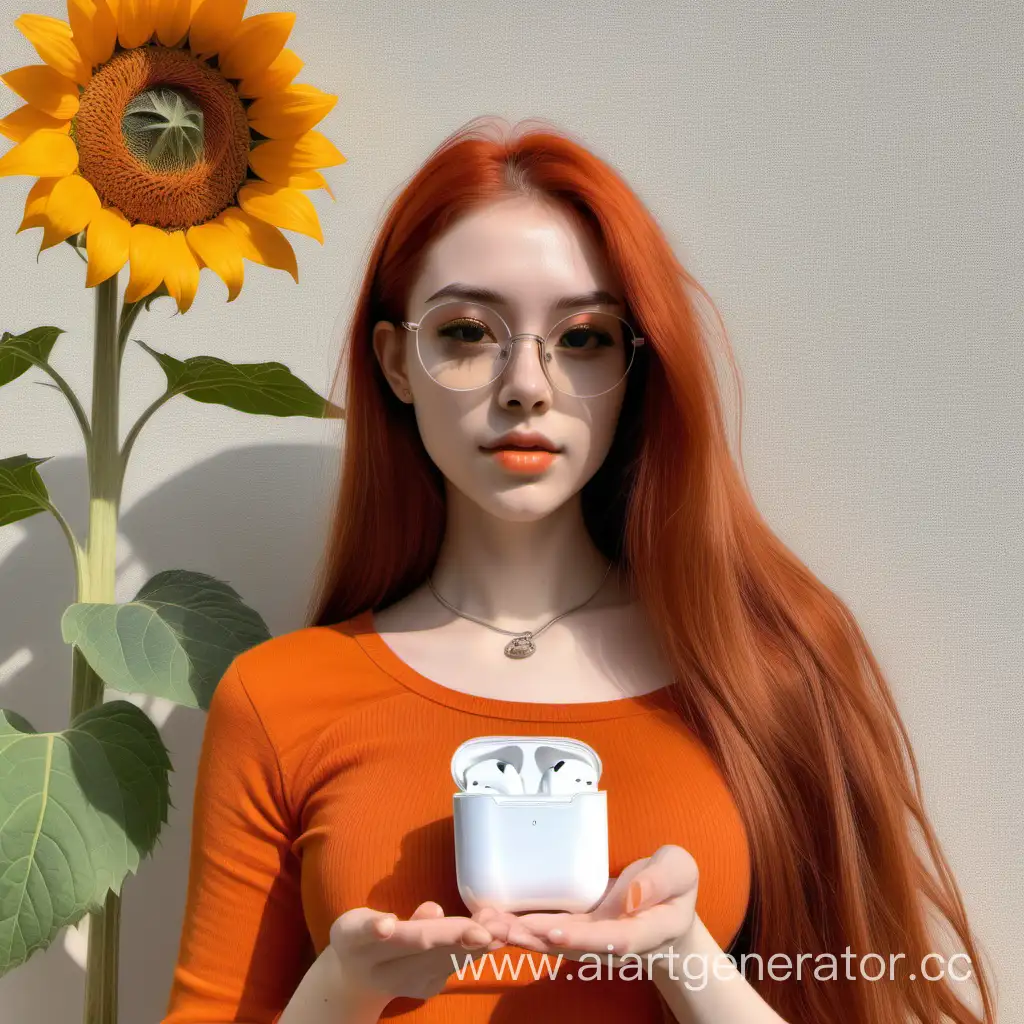 Beautiful-RedHaired-Girl-with-AirPods-in-Orange-Top-Among-Sunflower-Wall