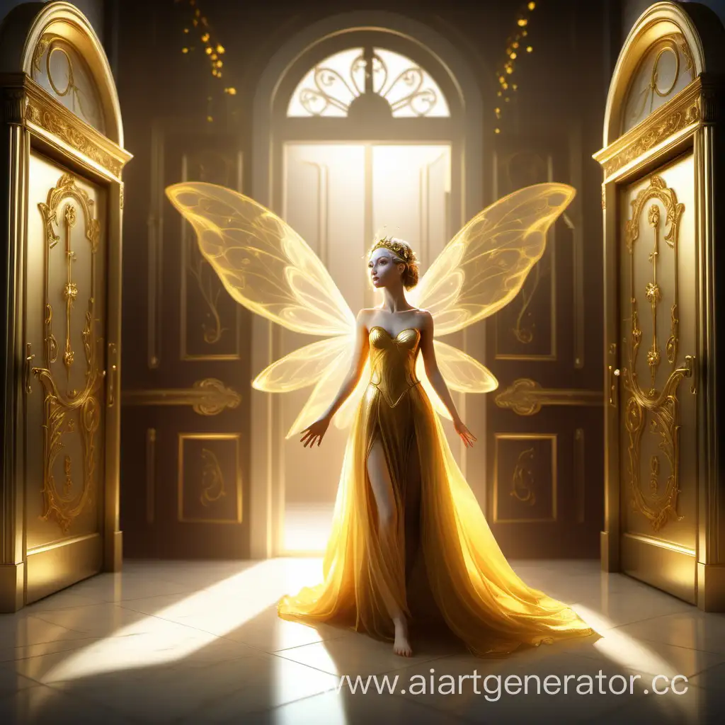 Обыкновенный мужчина на том свете в зале со множеством дверей. Его встречает прекрасная фея в золотом платье.