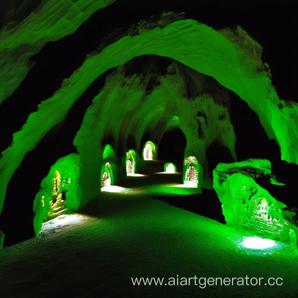 Много маленьких пещер в огромной нише, маленькие зелёные фонарики в стенах