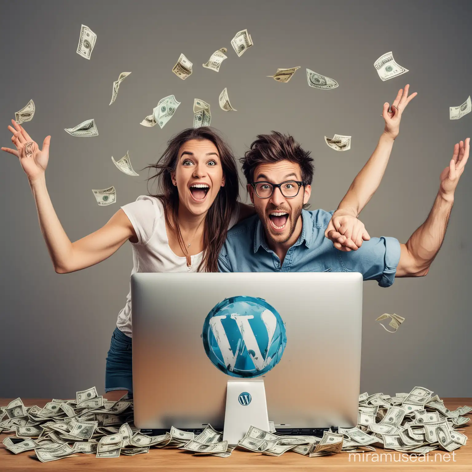 A very happy and excited man and woman with a WordPress logo and a big computer with a lot of money thrown at them.