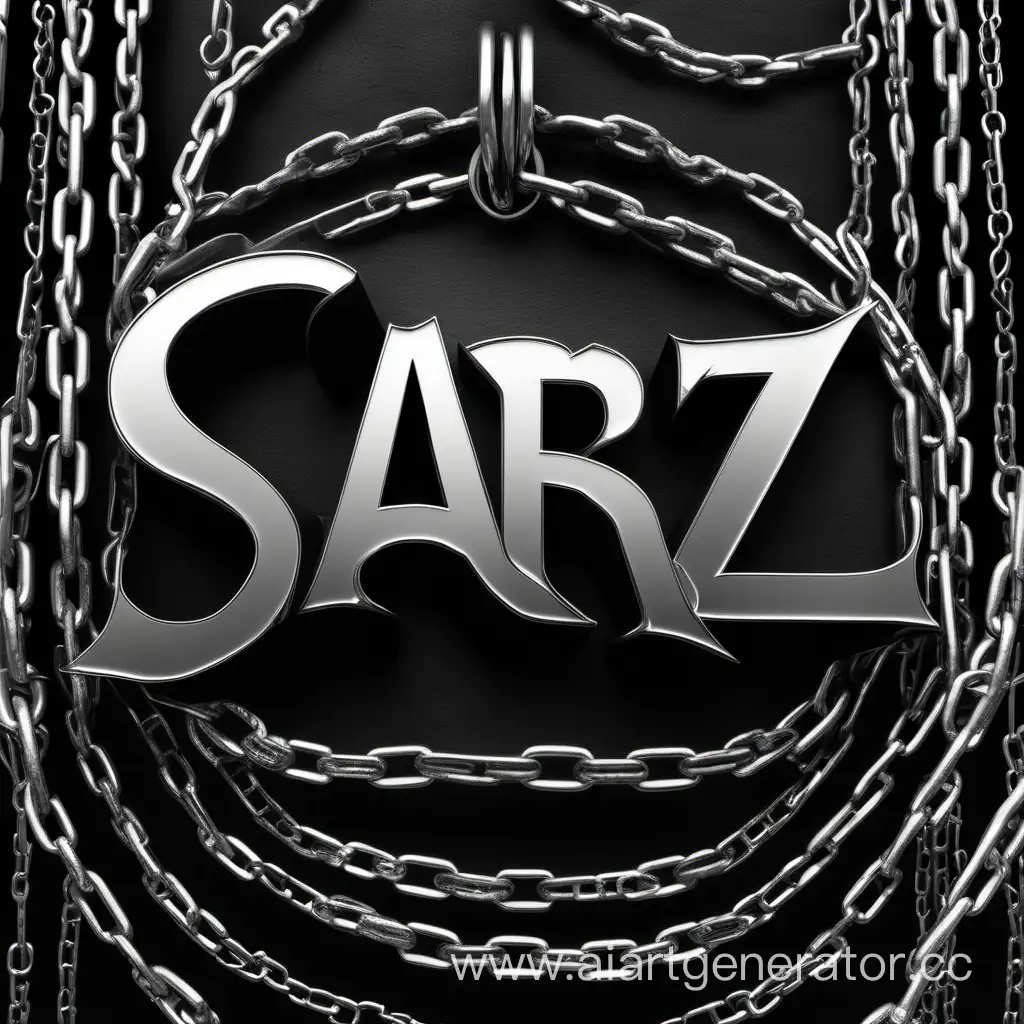 Надпись "SARZ" в  металлическом стиле  на фоне цепей, в черном цвете