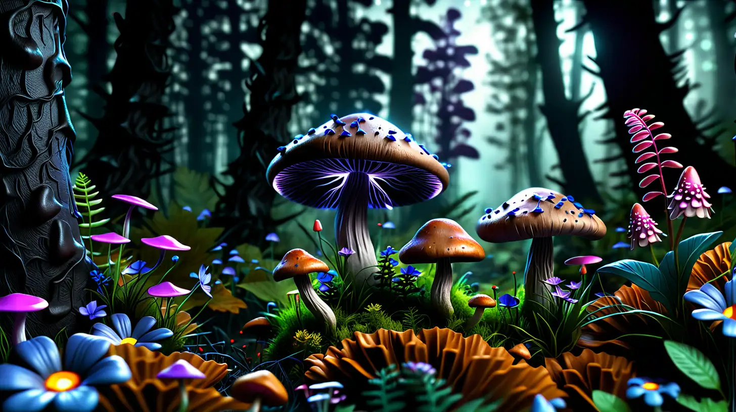 3D mushrooms and wild flowers in a mystical forest, dark theme