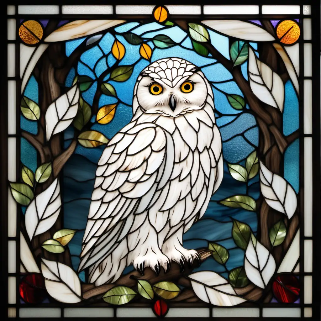 Snowy owl in tree with leaves and flowers, stained glass style