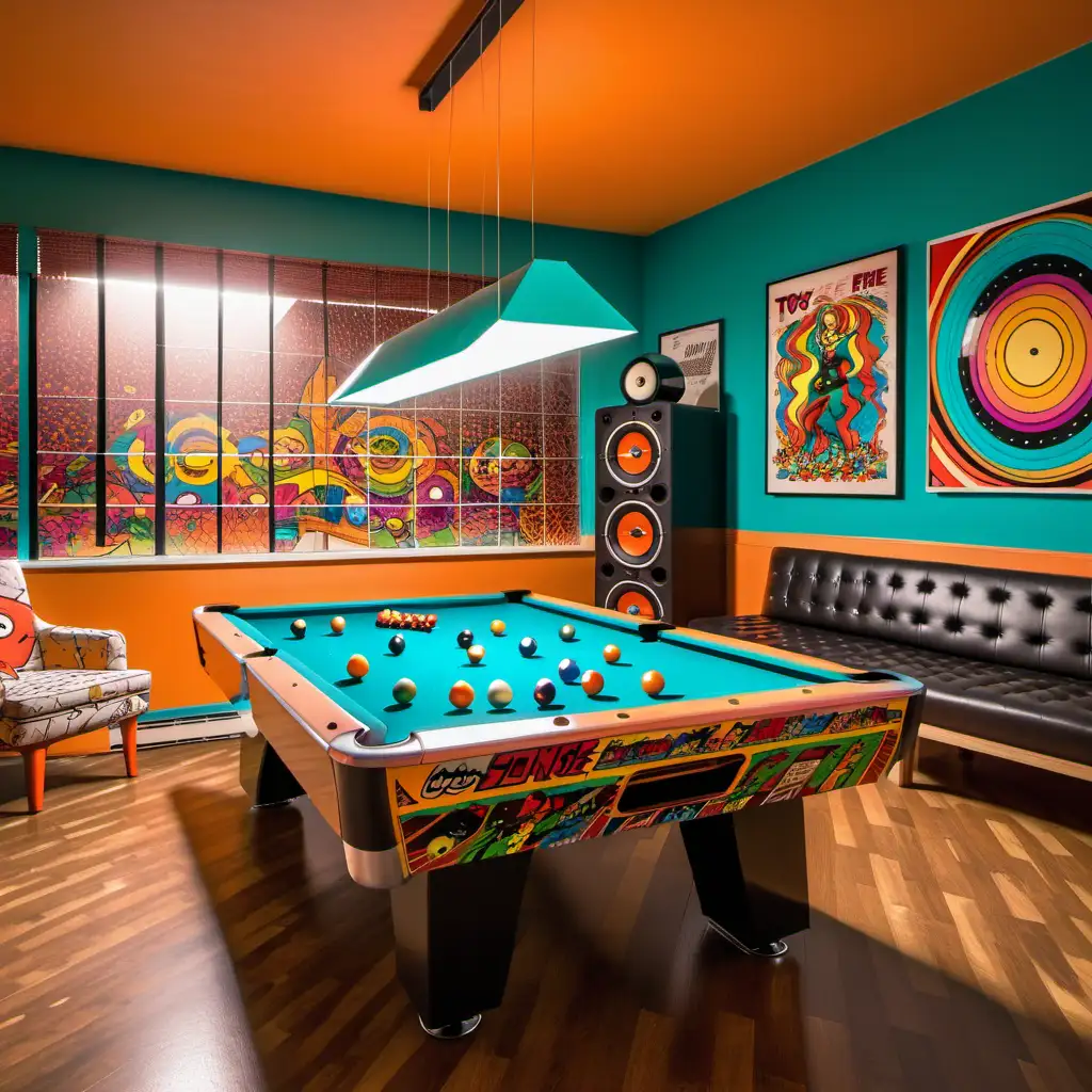 Psychedelic Recording Studio with Pool Table Abstract 1970s Comic Book Style