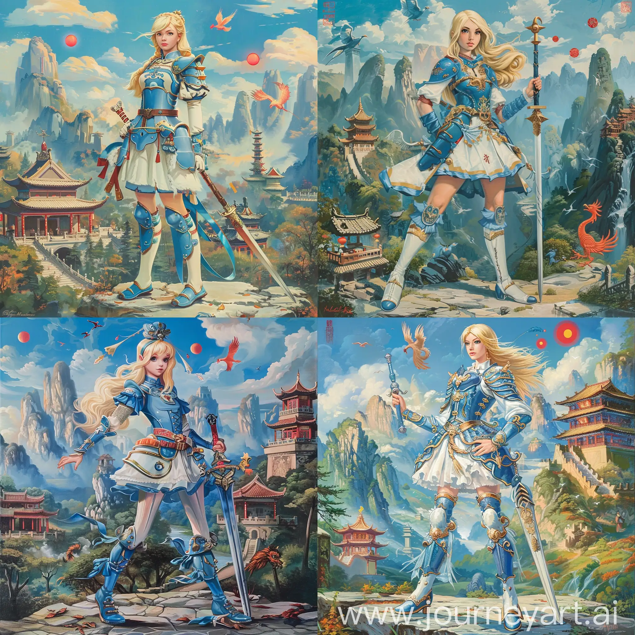 Historic painting style:

a Disney blond British Princess Alice, she wears blue and white color Chinese style medieval armor and boots, she holds a Chinese sword in right hand, 

Chinese Guilin mountains and temple as background, small phoenix and three small red suns in blue sky.