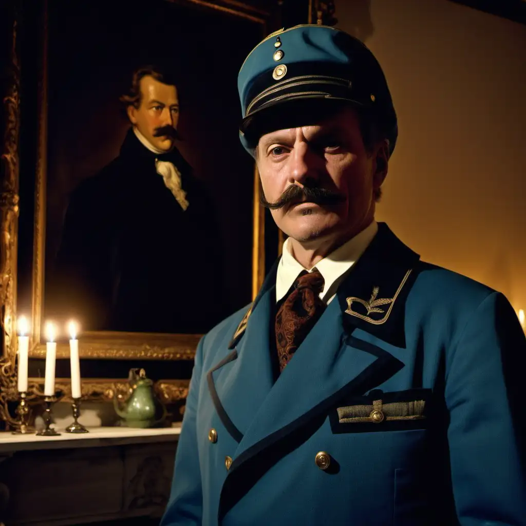 Military german man late 50's in steel blue jacket Austrian alpine tyrolean hat waxed moustache leaning on mantle piece in large manor house in the dark at night