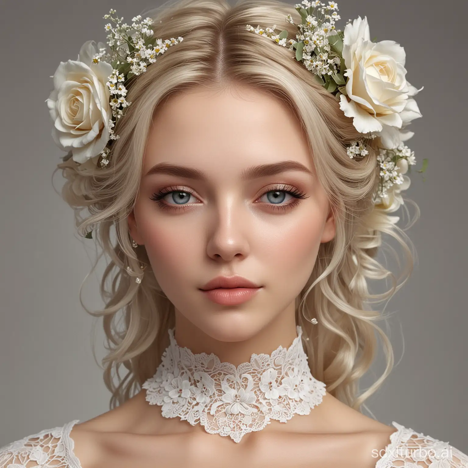 a close up of a woman with flowers in her hair, a picture, by Marie Angel, romanticism, beautiful avatar pictures, lace, 3 dmax, very very very very beautiful, beautiful and cute, ivory make up
