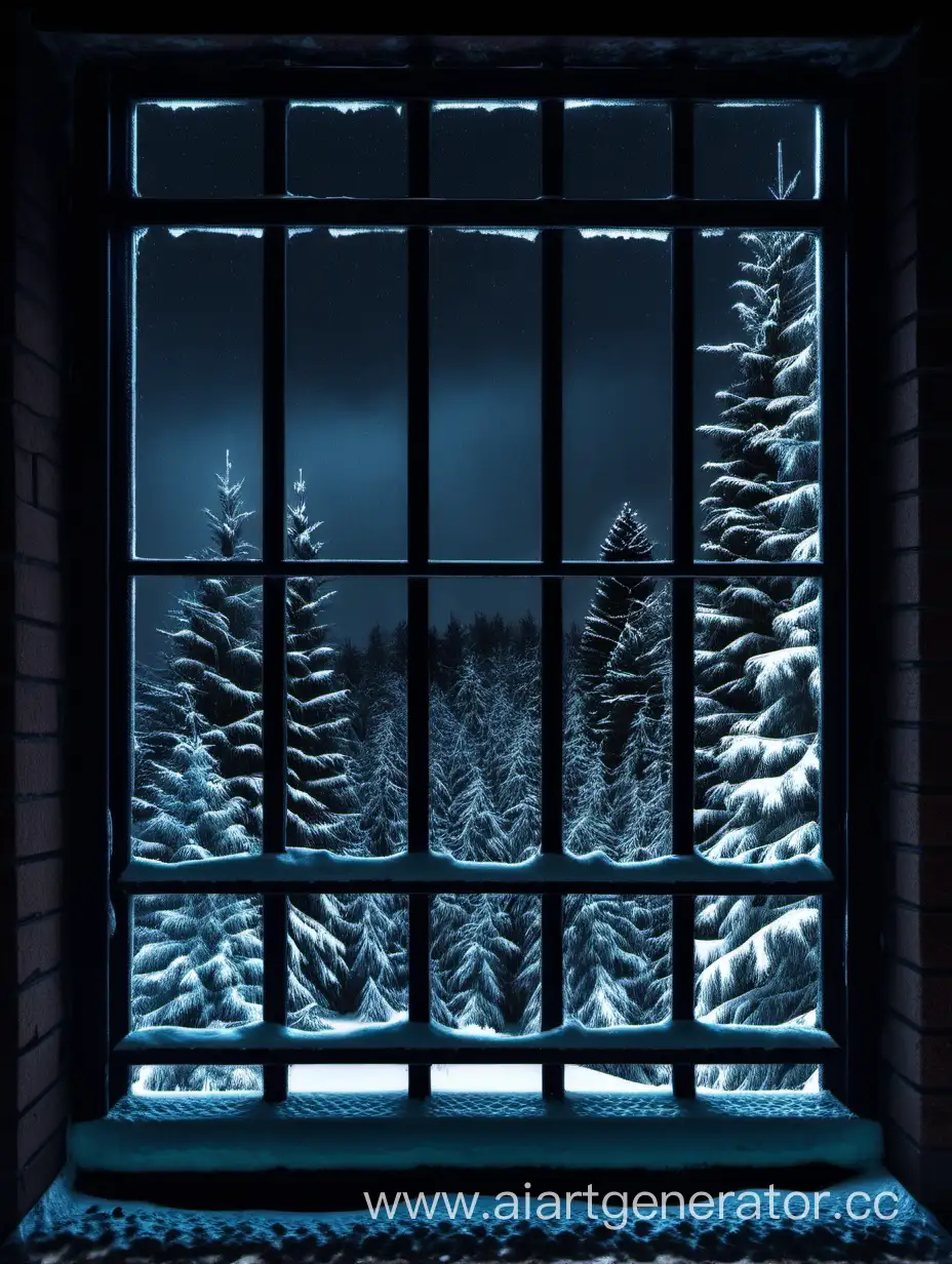 Snowy-Night-Through-Prison-Bars-in-Spruce-Forest