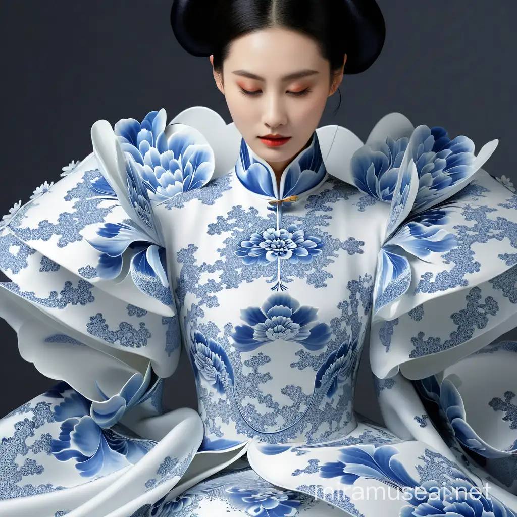 Femme chinoise avec robe blanche et bleu motif fleurs fractals bleu de chine inspiration porcelaine de chine