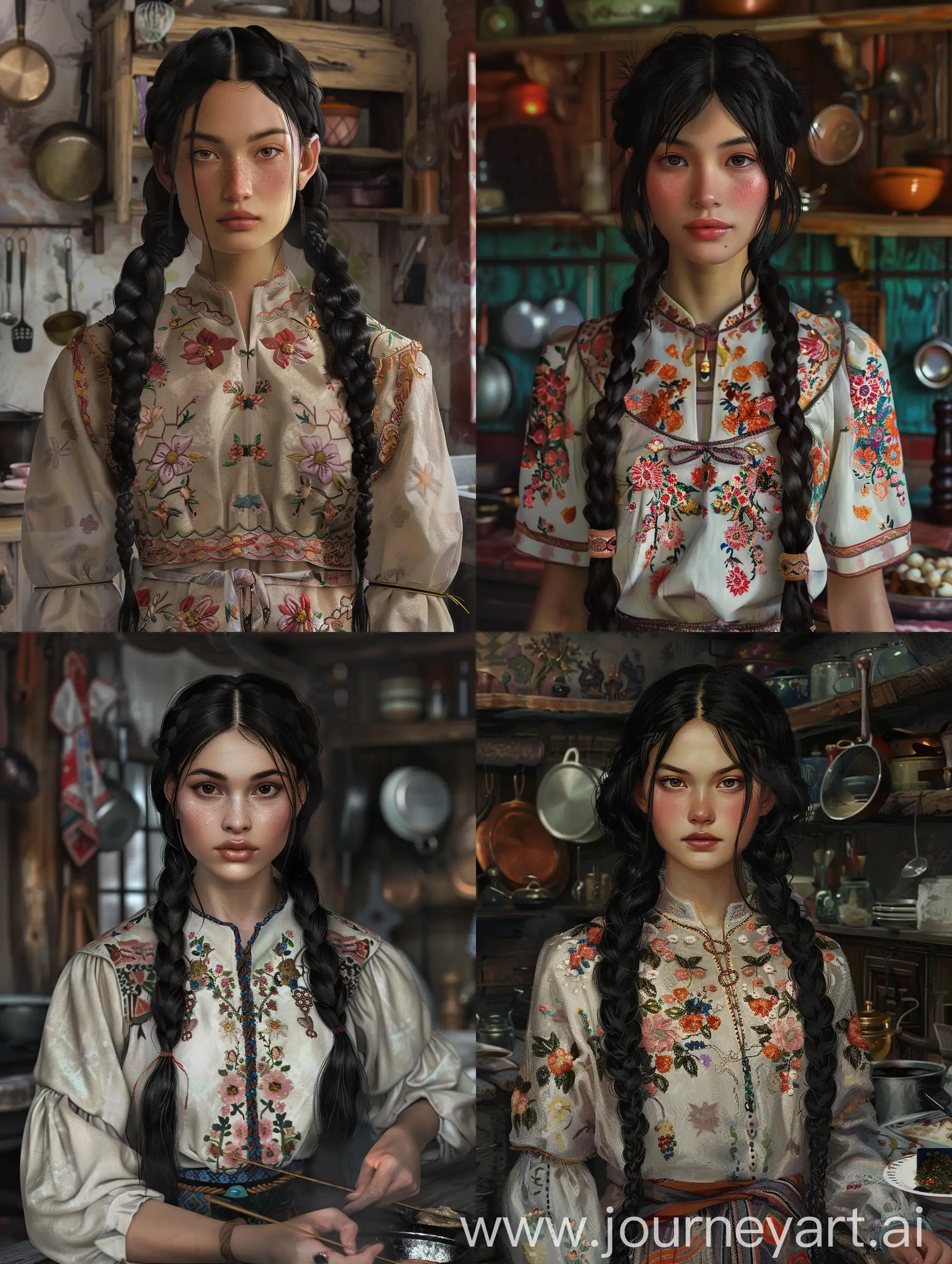 Eine Frau vom Baikalsee. Sie hat langes schwarzes Haar in zwei geflochtenen Zöpfen. Ihre Gesichtszüge sind asiatisch und sie hat etwas dunklere Haut. Sie ist wunderschön. Sie trägt ein traditionell mit Blumen besticktes Kleid. Sie steht in einer Hexenküche und kocht etwas.