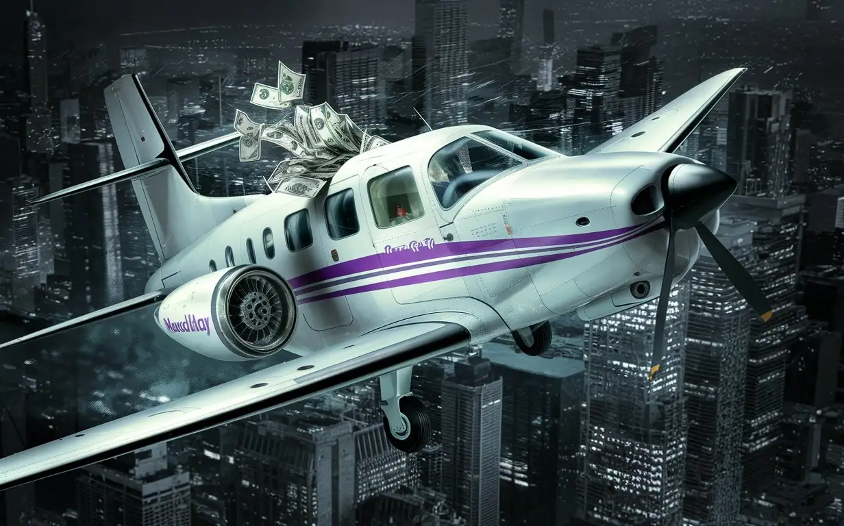 Burning-Private-Plane-Over-Nocturnal-Metropolis-with-Dollar-Bills-Flying