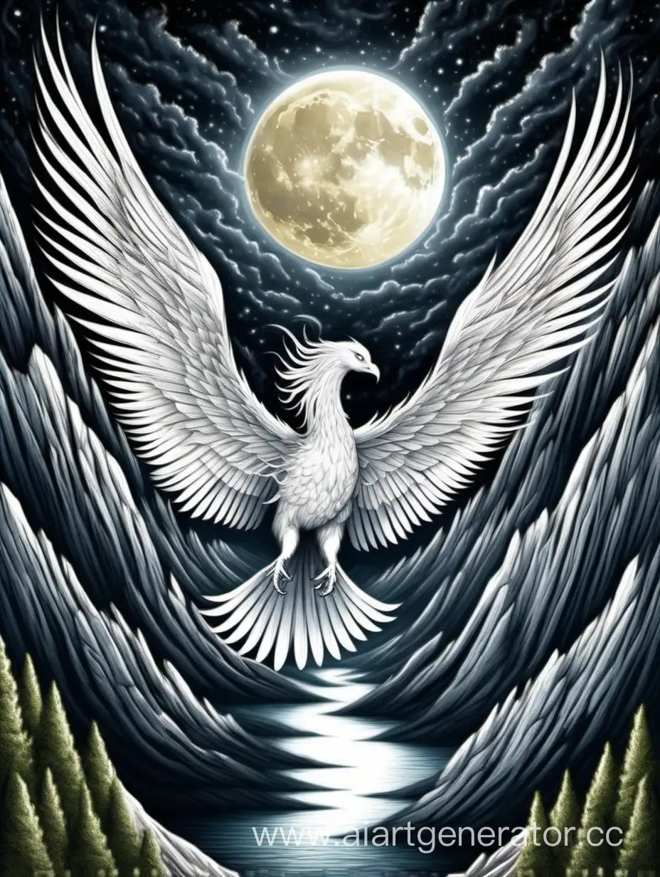 Белый Феникс летит над горами при луне