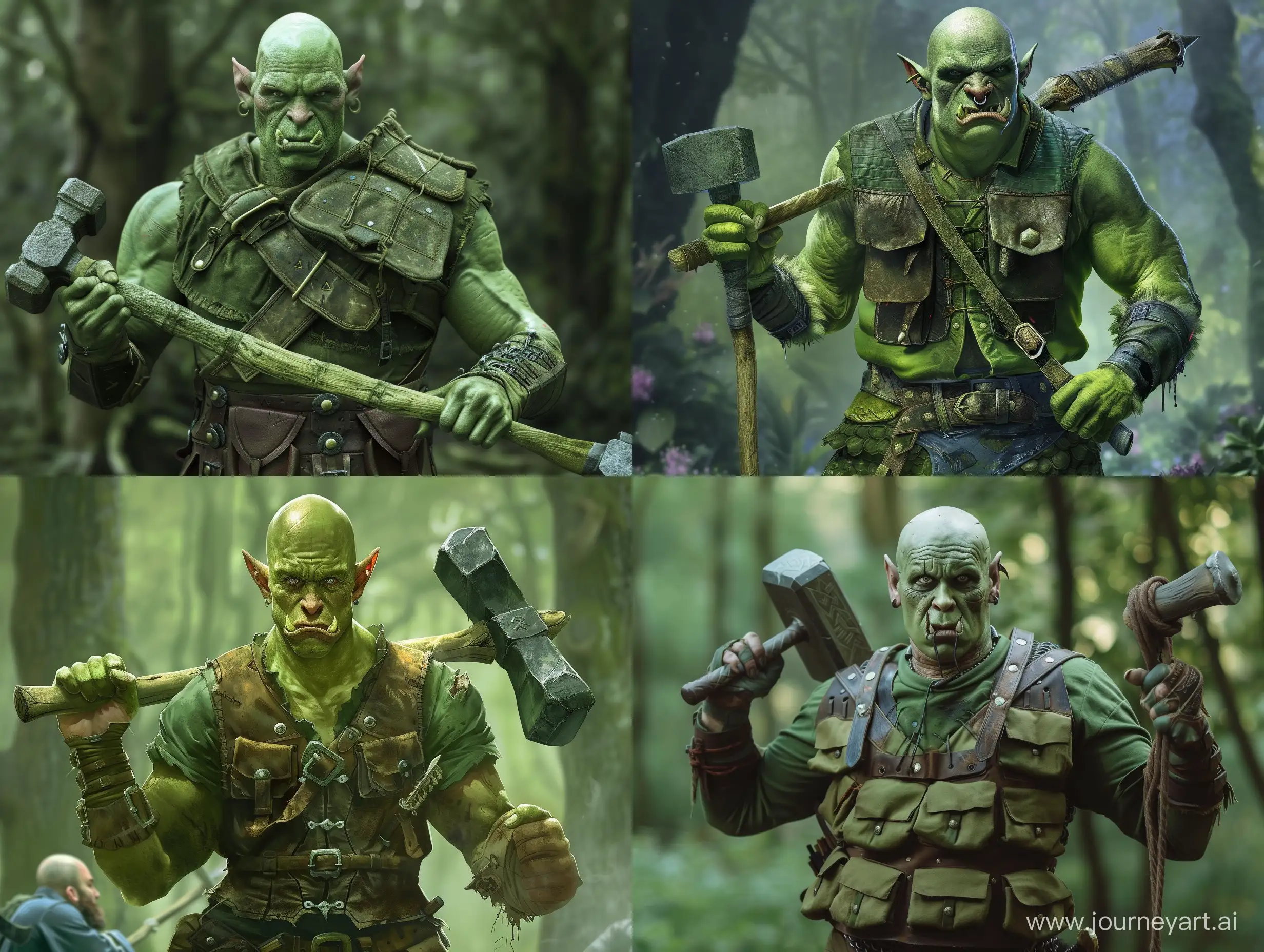 A bald orc with green skin. He's wearing a green shirt and a leather vest with lots of pockets. He holds a two-handed war hammer in his hands. He kills robbers in the forest with his two-handed hammer