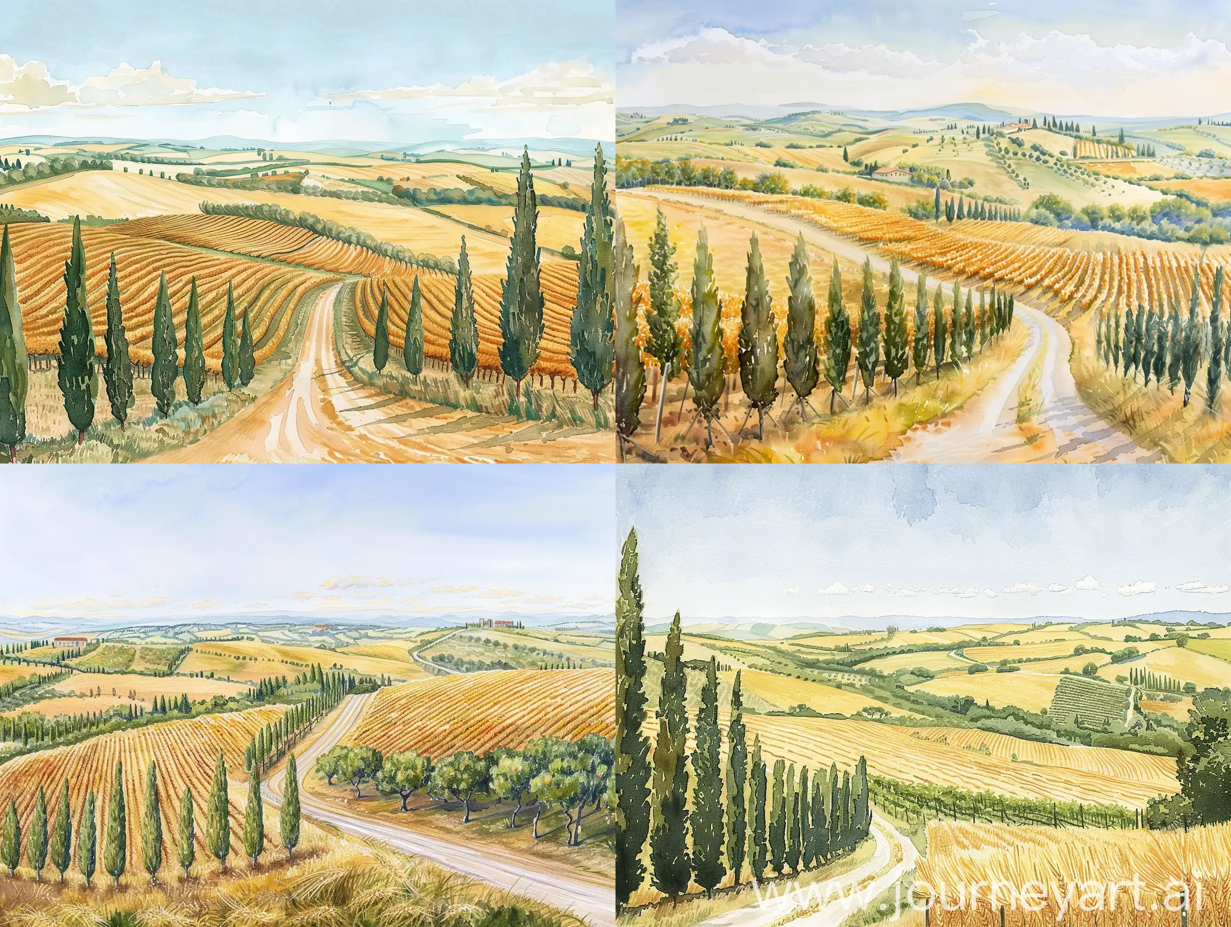 Tuscany distant view from above to the horizon, full summer, roads lined with slender trees, fields, vineyards, a golden field of wheat billowing in the summer wind, with a light blue sky and a few clouds scattered over the horizon. Style: Watercolor