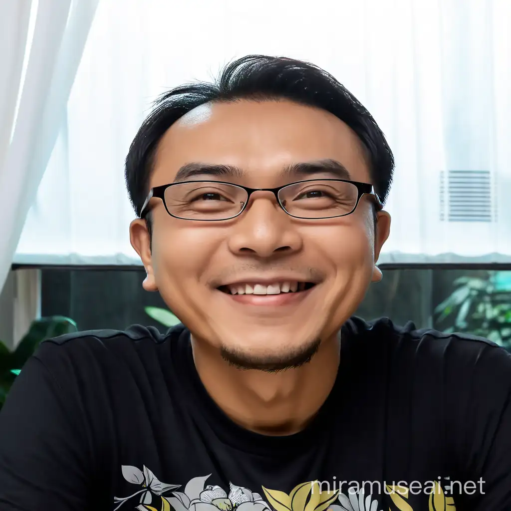 Smiling Indonesian Man Caricature in Black TShirt and Glasses