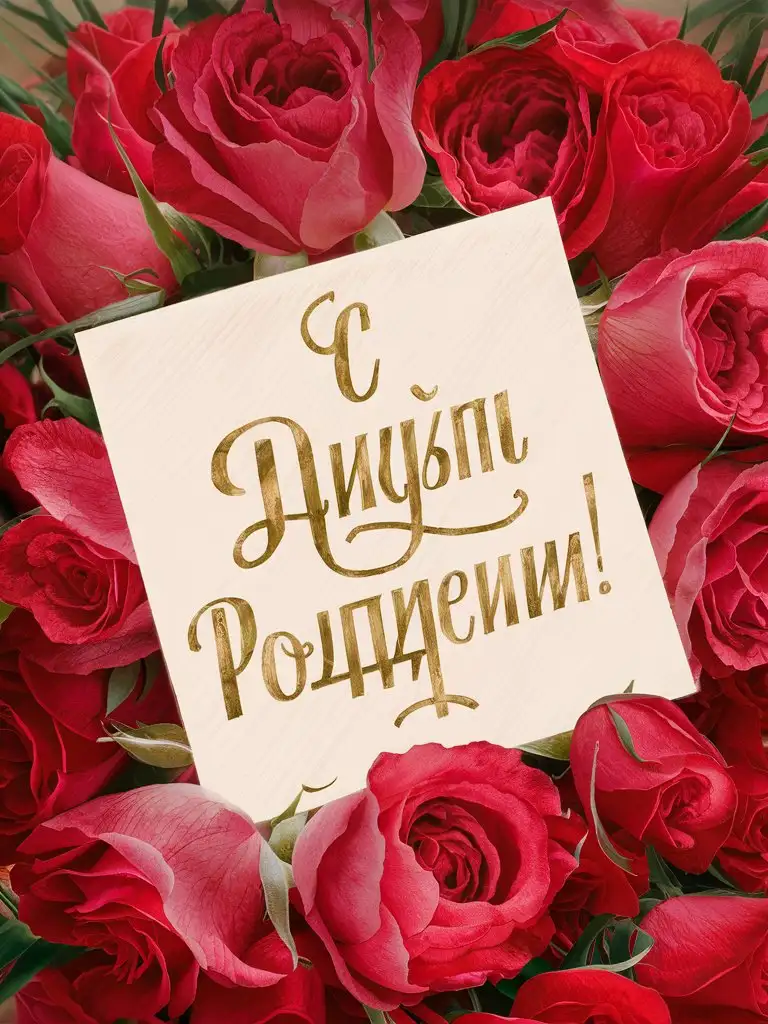 Открытка , на которой изображена фраза: "С Днём рождения". Открытка лежит в окружении алых роз
