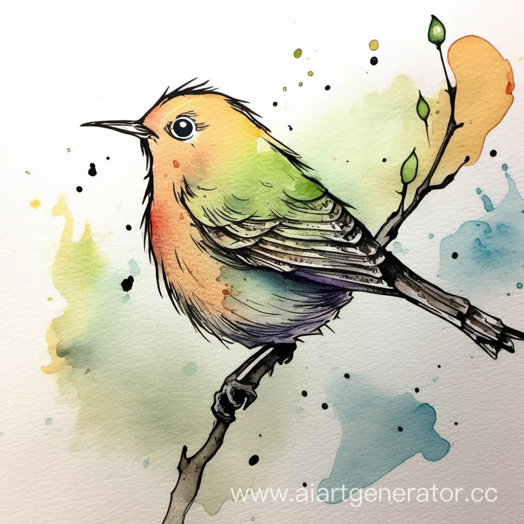 Colorful-Little-Bird-Illustration-in-Ink-and-Watercolor-Technique