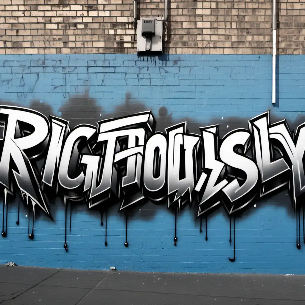 lettering only on a graffiti covered wall, The word "RIGHTEOUSLY" Displayed. Each letter in the the word should be separated from the other. the "T" in the word should have a man hanging from it like Michael Jordan hanging from a basketball goal after a dunk