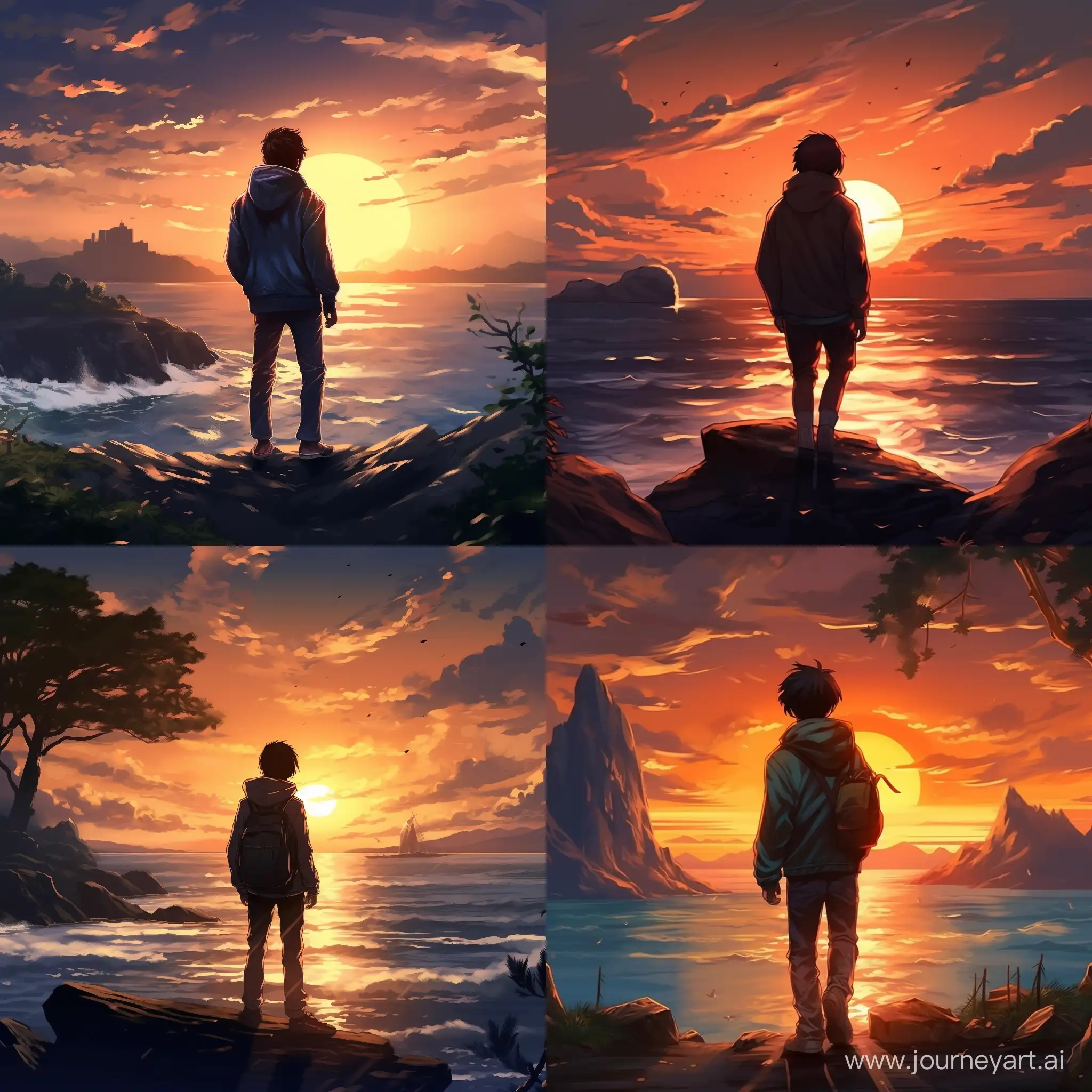 Create an image depicting a man from behind standing at the edge of the sea on a deserted island, dressed in a hoodie, with the sun setting on the horizon. The style of the image is that of an anime. The overall atmosphere should evoke both tranquility and wonder at the beauty of the seascape at dusk while also conveying a deep melancholy.