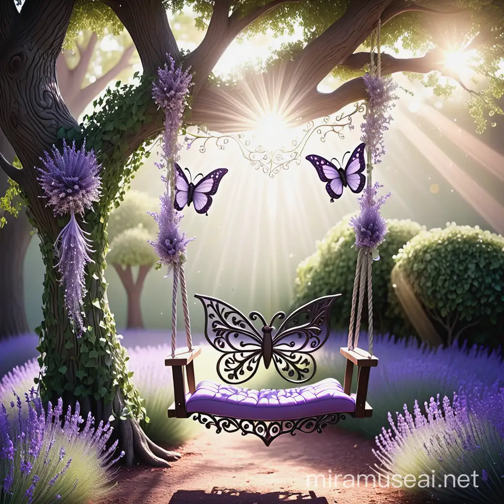 Beautiful tree swing with lavender and babies breath and ivy beautiful filigree feathery butterfly sun rays