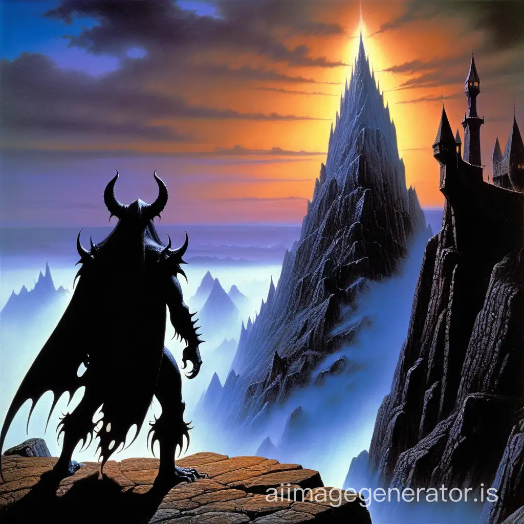 Imagine a black demon in the style of Ted Nasmith. masterpiece, best quality, High contrast, colorful, stark, dramatic, detailed background, high quality, by Ted Nasmith,