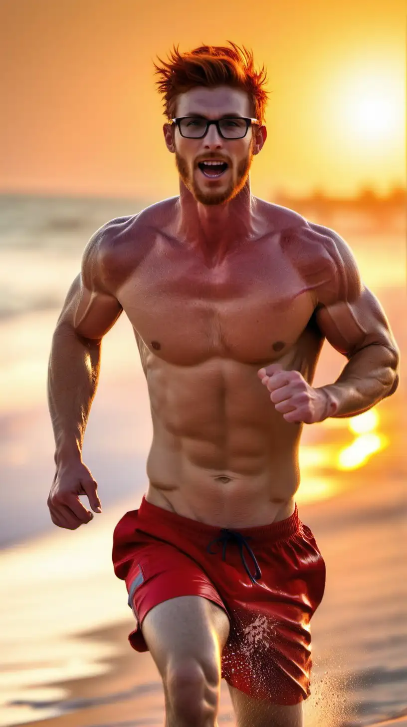 Handsome shirtless lifeguard, redhead, short hair, glasses, stubbles , muscular,  oiled up, very sweaty, show hairy chest, show abs, muscular, sunset, running to rescue the viewer, beach