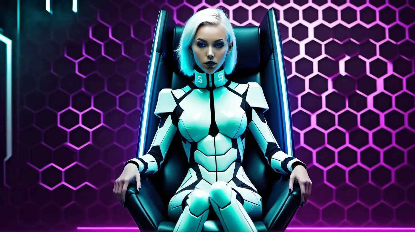 hot futuristic android girl using this colors Hex:8500FF hex:CFA6FF and hex : 58A5FE sitting in a chair like podcast with a futuristic set background