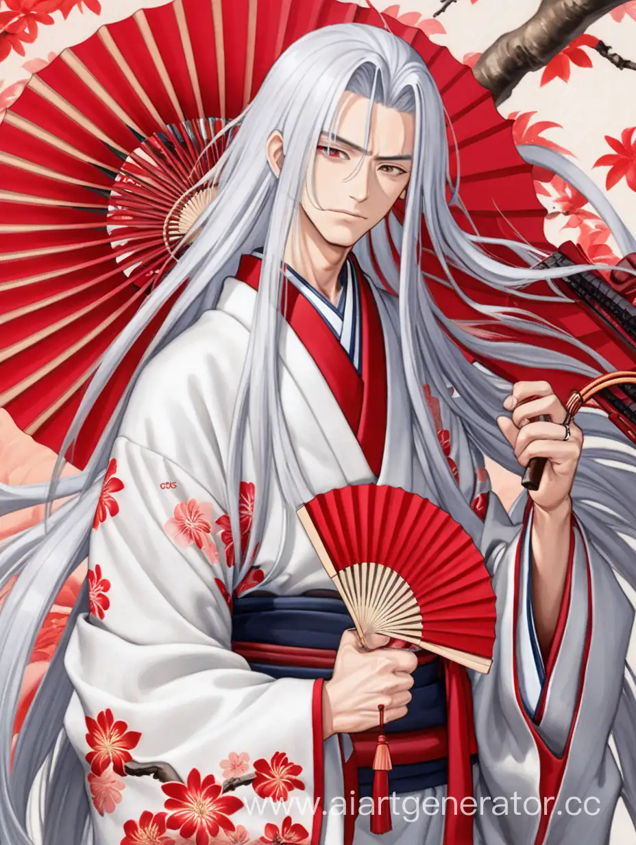 Парень в кимоно с длинными белыми волосами держит красный веер
