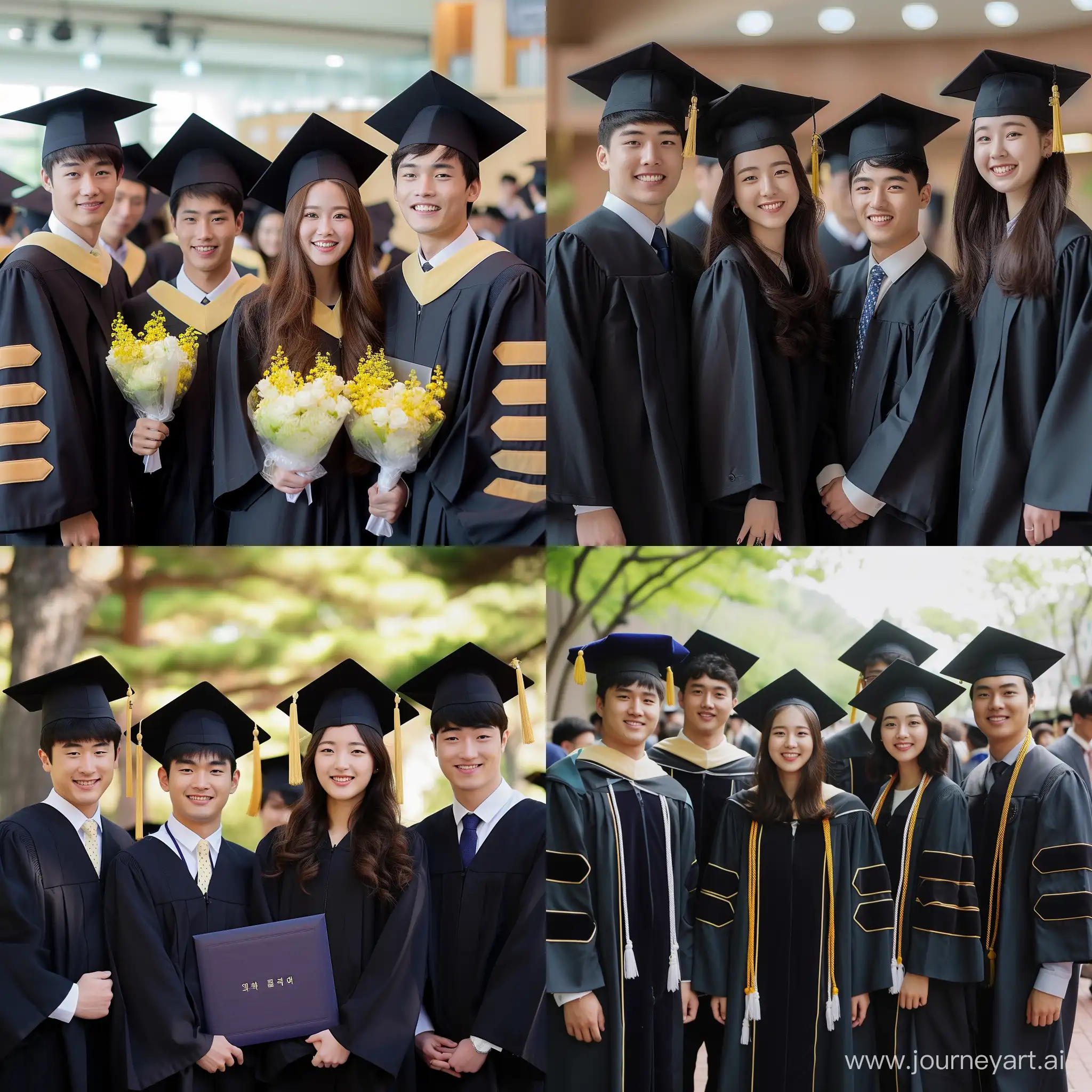 한국 남자 졸업생 4명, 한국 여자 졸업생 1명의 단체 사진