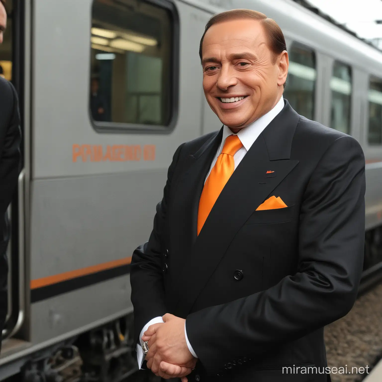 Berlusconi looking handsome smiling with a black suit and an orange tie at a train staton