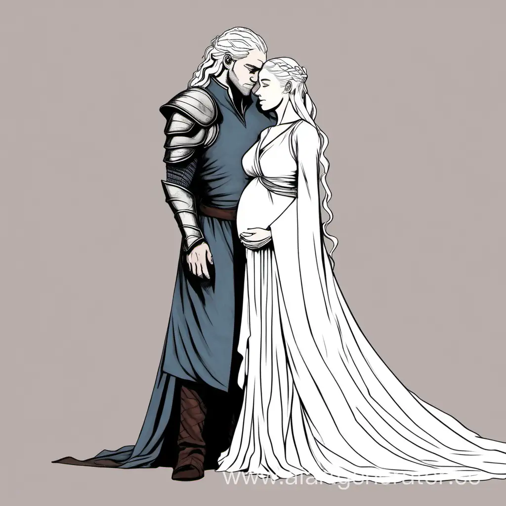 Daenerys Targaryen, she is pregnant, next to her is a Targaryen man, he is taller than Daenerys, he hugs her waist