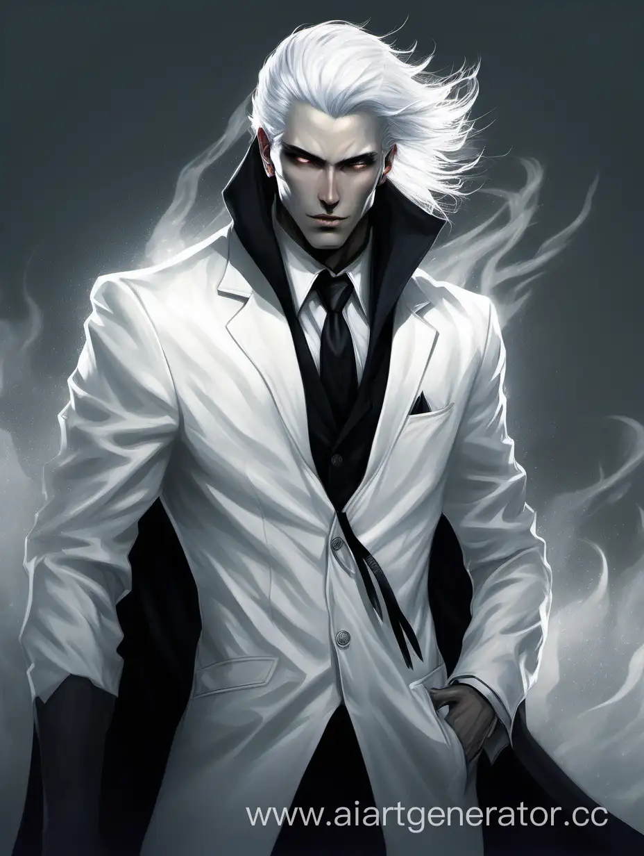мужчина в белом деловом костюме с черным плащом, ему 25 лет, у него белые волосы, вентру, World of Darkness, Ventrue