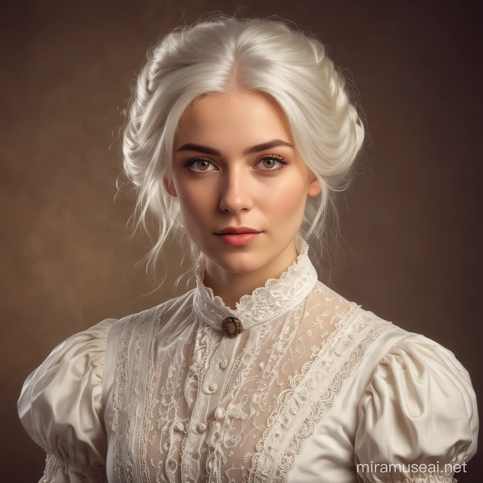 portrait, european women, white hair, almond color eyes, classic style, victorian dress, with a warm light and high contrast with background.