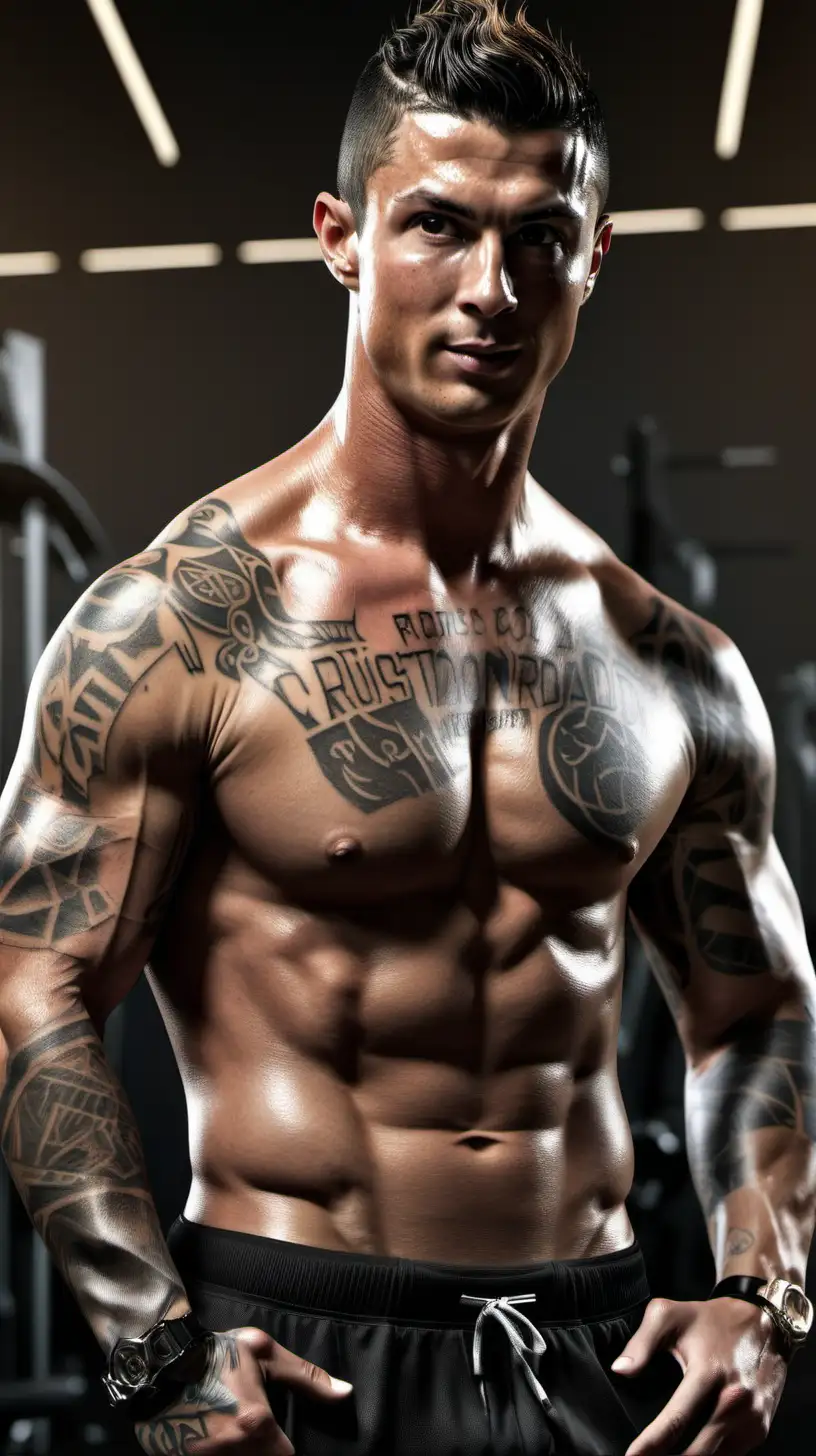 Half body, Cristiano Ronaldo with a lot of tattoos, no tshirt, muscular body, gym background, realistic, ar 2: 1 --v 5