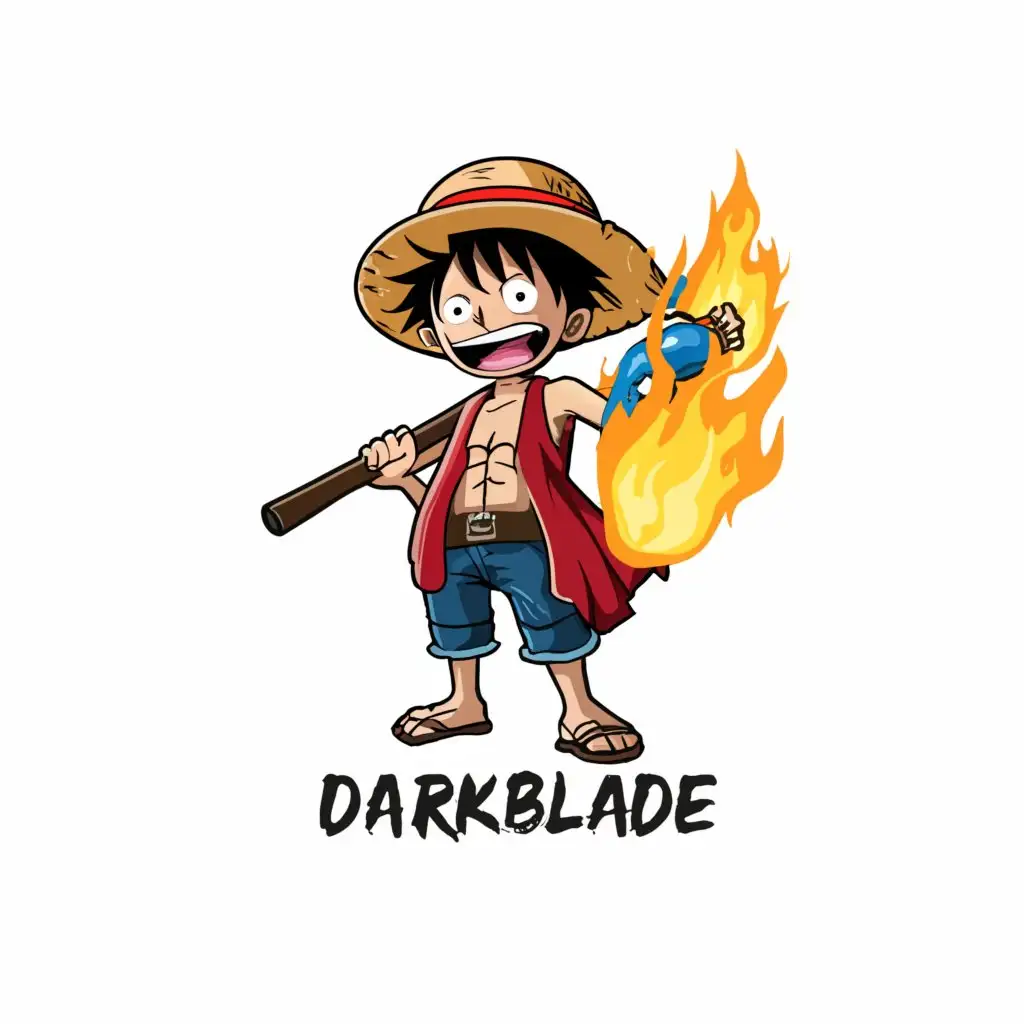 a logo design,with the text "Luffy from one peice with his hand on his signature hat in a happy pose holding a darkblade from the roblox game one peice dont inclue the words one peice", main symbol:luffy,Moderate,clear background