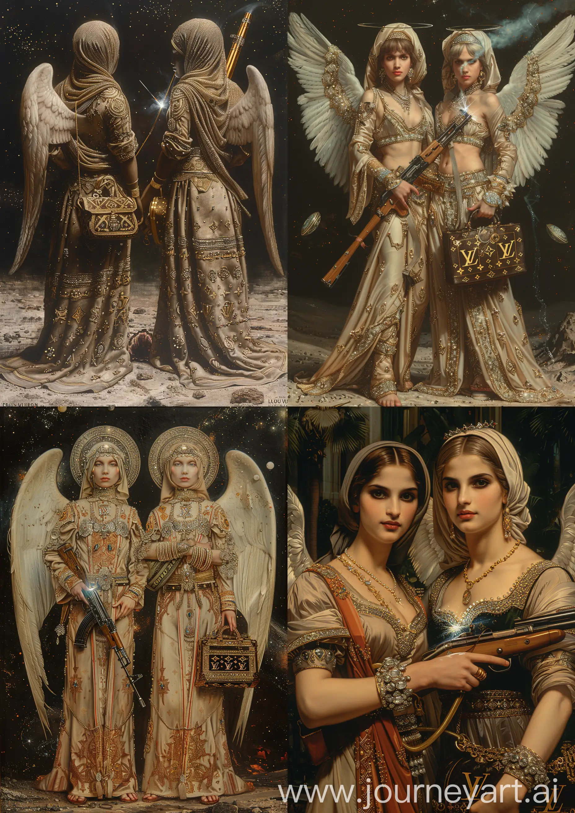 Edward Burne-Jones painting of 2 female  angels warrior wearing Arabic clothes ornate in diamonds and gold, welding a kalashnikov and a LOUIS VUITTON bag full of money, standing on space, obscure tones, high detailed, full body —c 22 —s 750 —v 6.0 —ar 5:7