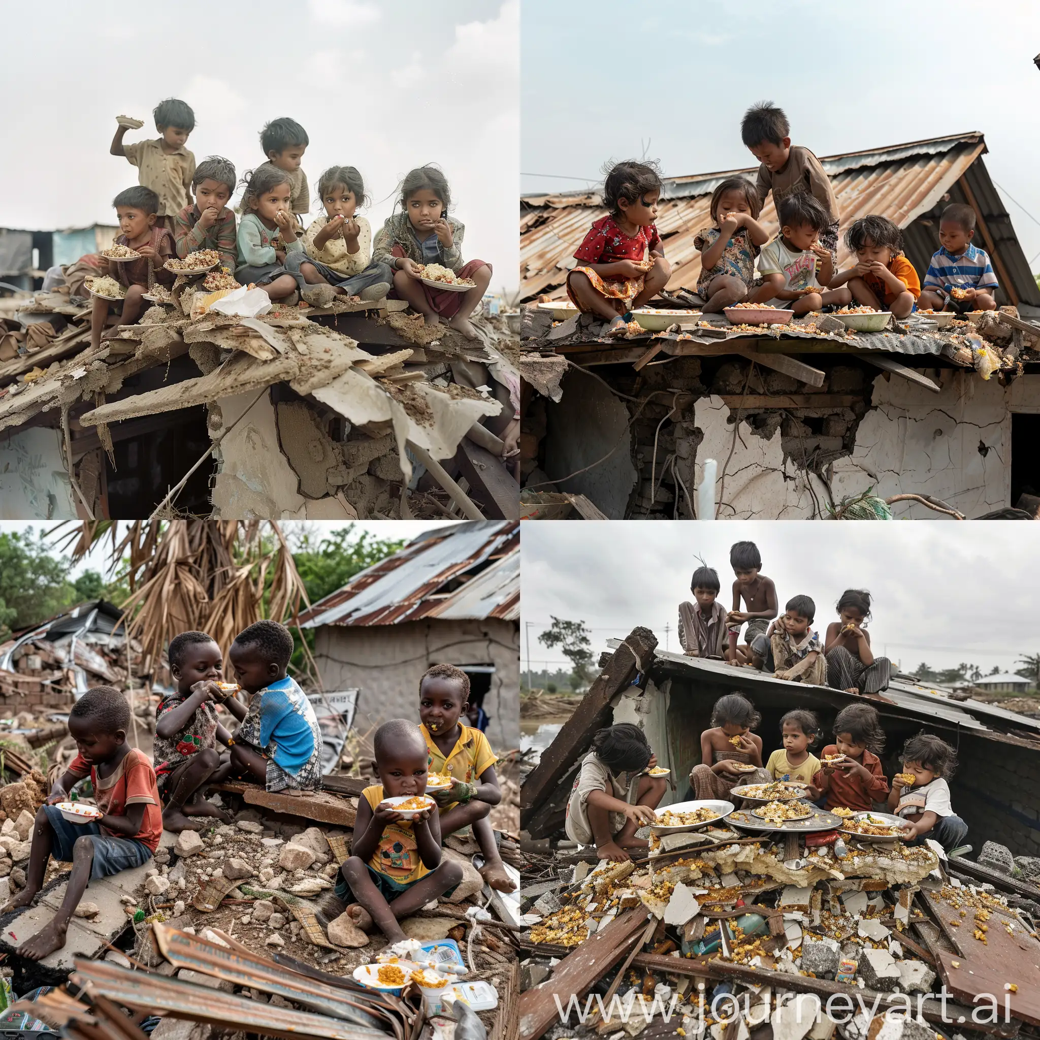 مجموعة من الاطفال اللاجئين يتناولون الطعام فوق بيت مدمر