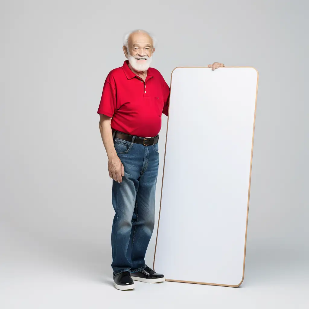 Cheerful Elderly Man in Red Shirt with White Board