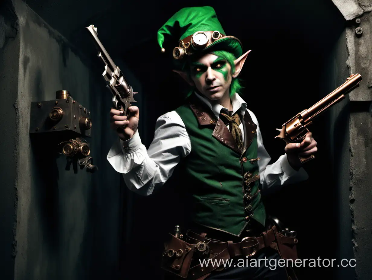 Steampunk elf. With a revolver. In a dark old bunker. Hiding from a monster.