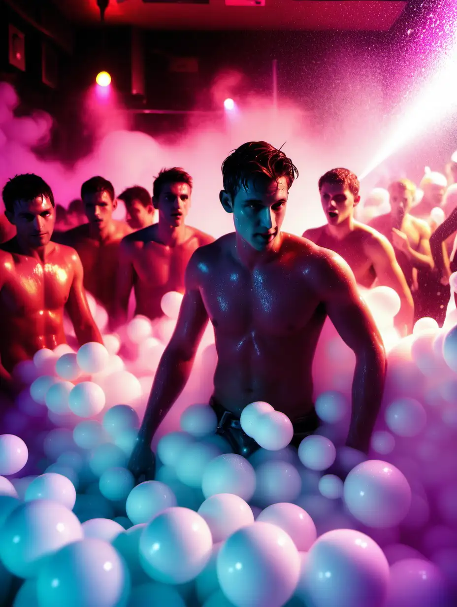 Cinematic photo: in style of movie “The Day After Tomorrow”: foam party in a gay club, attractive guys, neon colors, poor lighting, homosexual, fetish
A lot of foam, laser light, bubbles 