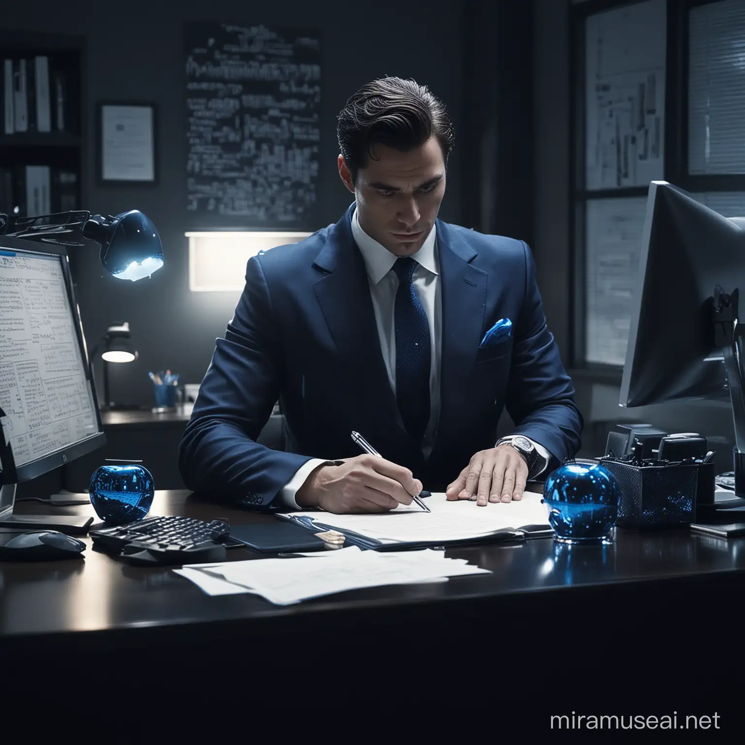 A bulked shredded man dressed in a suit, sitting in his very dark office of luxury, the office only has blue shiny luxurious objects emitting a little amount of blue and silverish light, he holds a handwritten paper on his hand which he looks at with seriousness,  there is an apple computer on his desk, the background is of midnight with only moonlight shining over the scene.