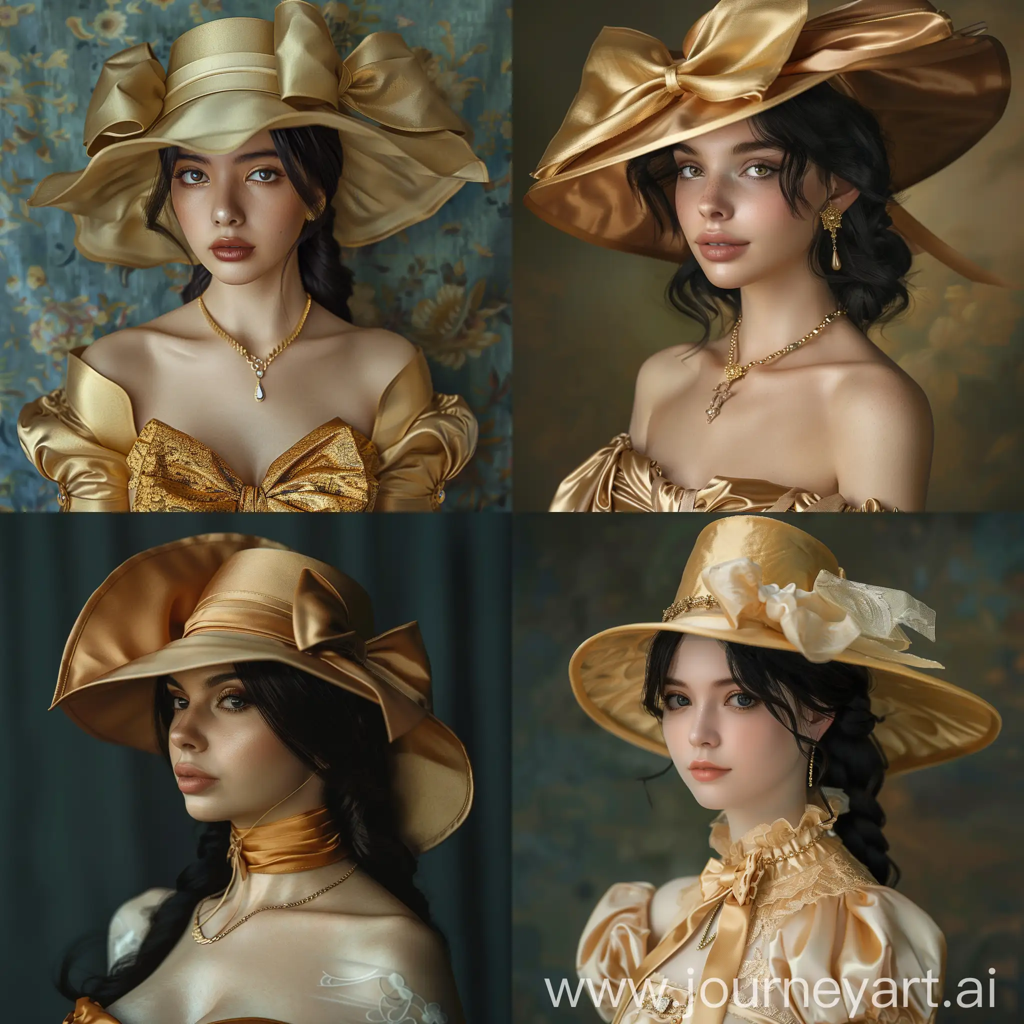a beautiful 30-year-old young woman, ultra-realistic, hyperrealistic photo, hd, uhd, wears a luxurious, haute couture dress, of a maiden, made of gold-colored silk, a luxurious medium-brimmed hat, made of gold silk, with a beautiful bow, on the side, her black hair, tied with the hat, jewelry adorns her delicate neck, delicate face, full body, 8k,