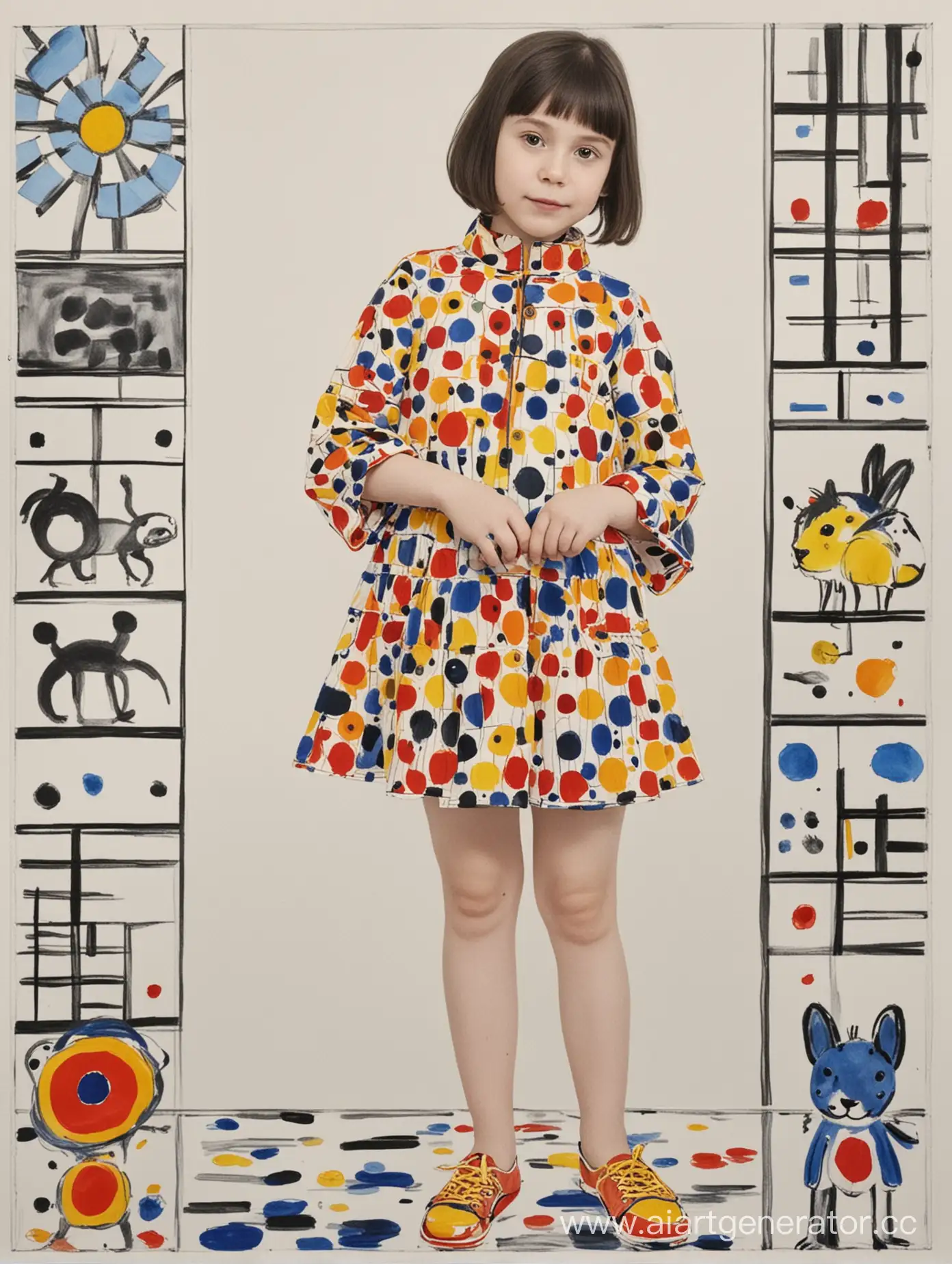 create a painting based on the work of artists Piet Mondrian and Yayoi Kusama. Add an animal drawn by the child in the center of the picture