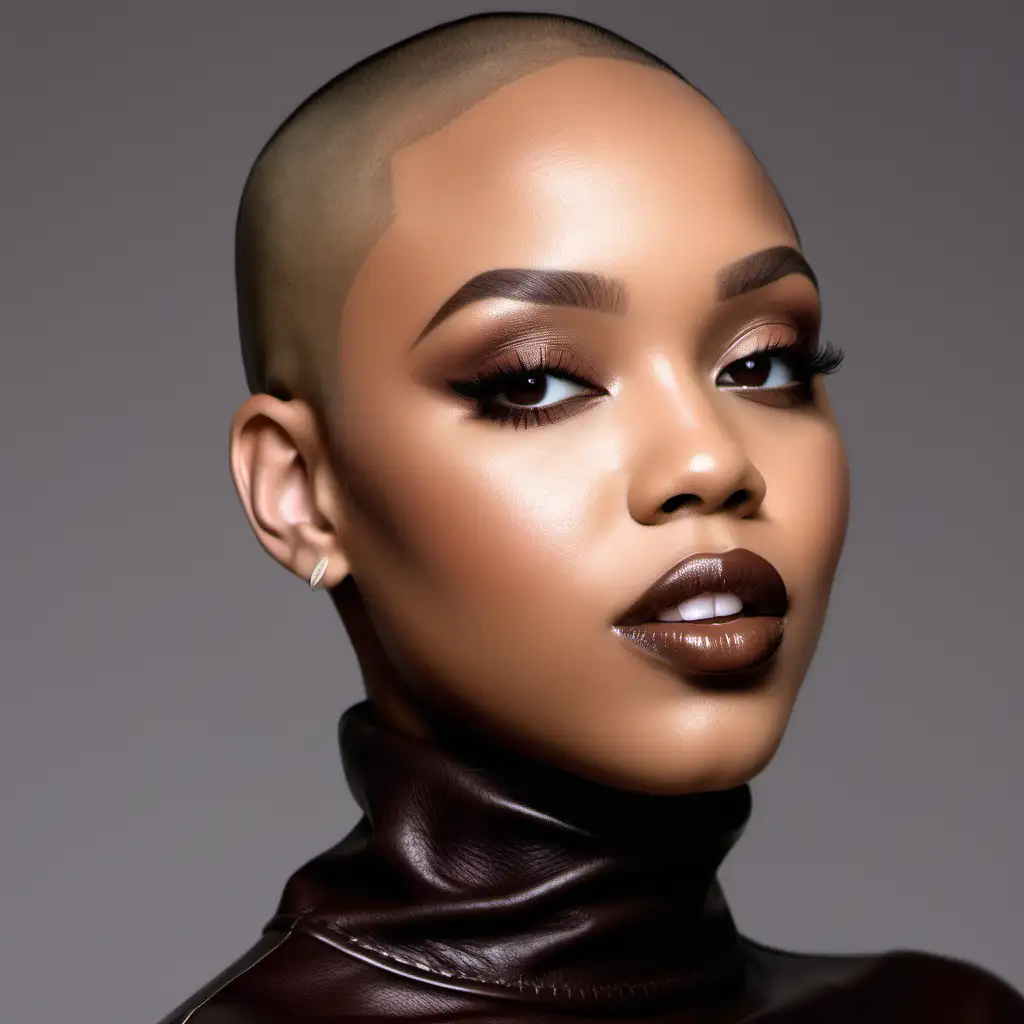 beautiful light skin thick black woman wearing a low bald haircut in the color black. She has on a chocolate brown leather turtleneck top. Modeling a soft pretty makeup look wearing a nude colored lip gloss