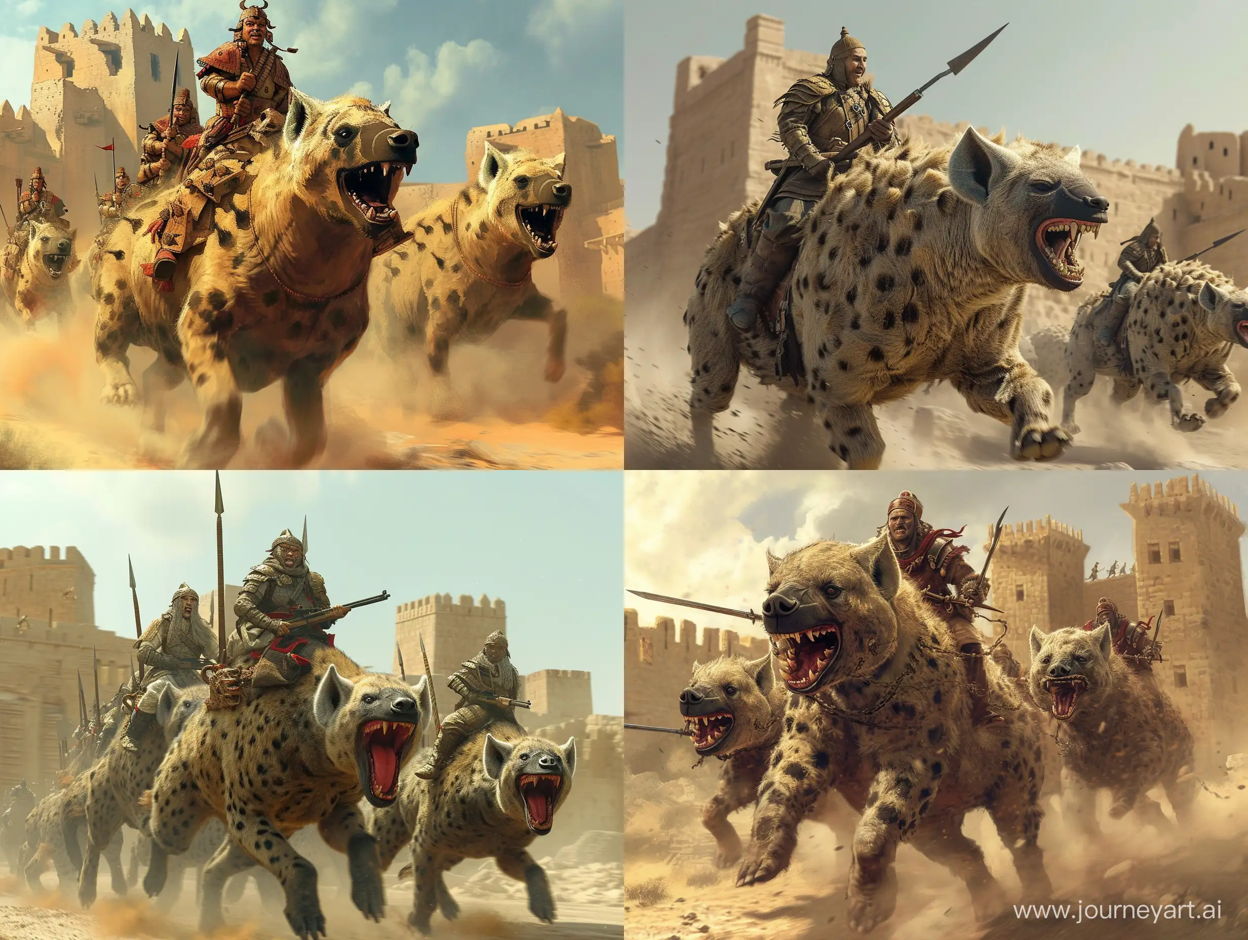 Mongol soldiers are attacking the ancient city of Arg Bam in the Persian Empire, riding on giant, scary and smiling hyenas.